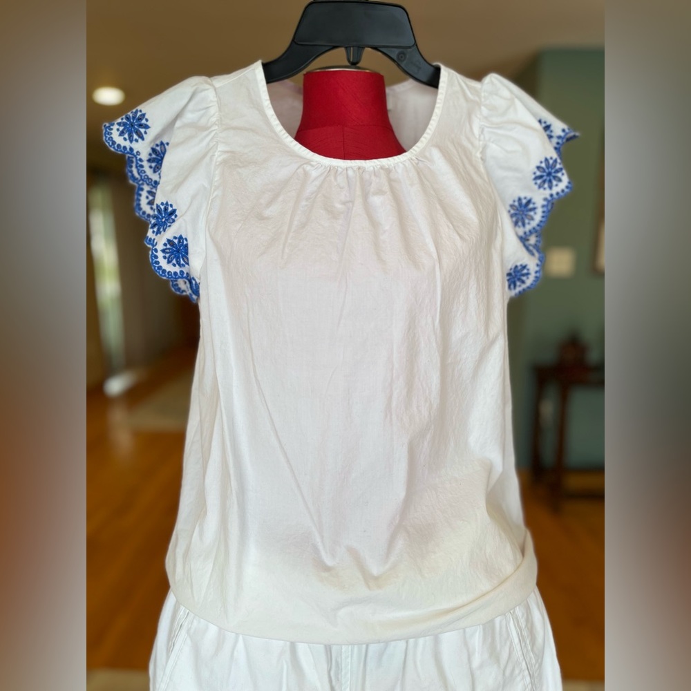 J.Crew embroidered flutter sleeve blouse, stretch cotton poplin, Extra Small.
